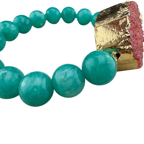 Amazonite Beaded Bracelet With Pink Druzy Statement Accent Adjustable Elastic De - Picture 2 of 7